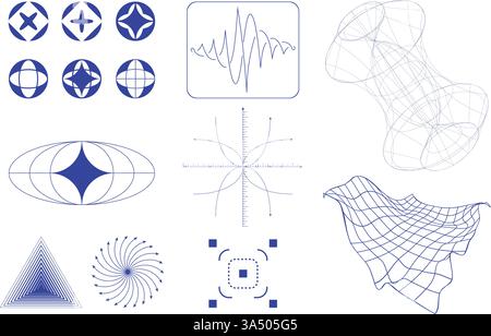 Set of various mathematical and geometric diagrams, including abstract waveforms and symmetrical patterns in blue color. Science. Stock Vector