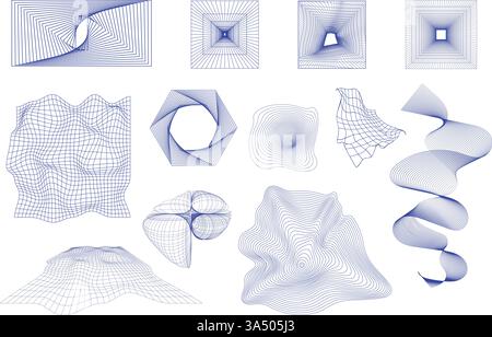 Collection of warped grid structures, topographic curves, and abstract forms, resembling mathematical functions. Science. Stock Vector