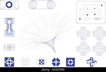 Futuristic wireframe models of abstract forms resembling wormholes and interconnected rings, illustrating concepts of space-time. Vector design Stock Vector