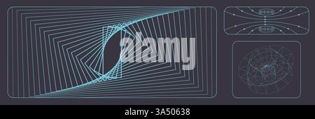 Vector design. Optical illusions, linear perspective, and vector field diagrams in cyan blue on dark background, creating depth and structured Stock Vector