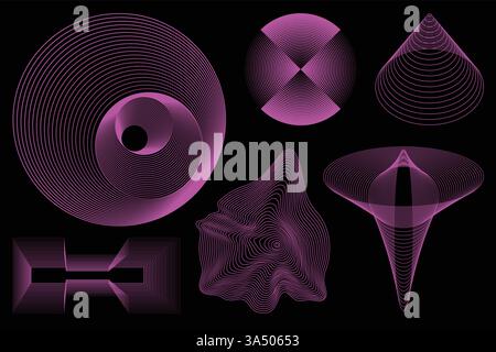 Vector design. Abstract spiral formations, topographic layers, and fluid mathematical curves in vibrant magenta, showcasing optical illusions and wave Stock Vector