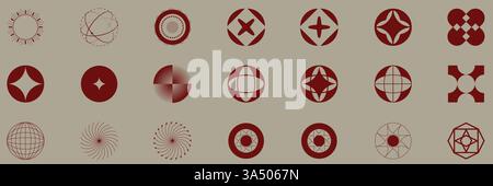 Collection of vector circular motifs, atomic representations, and abstract radial shapes in deep red on muted beige, merging scientific symbols and Stock Vector