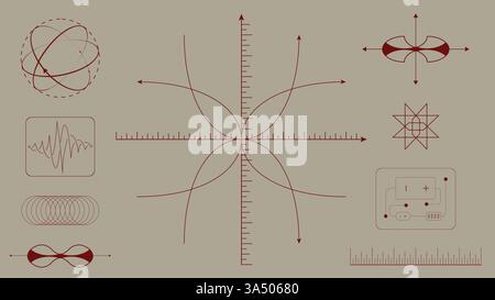 Vector design. Mathematical graph with parametric curves, waveforms, and physics notations in red tones on beige background, representing balance and Stock Vector