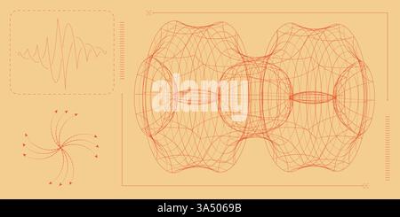 Large interconnected toroidal structures, oscillation waves, and field vectors in bright orange on warm background, symbolizing energy and balance Stock Vector