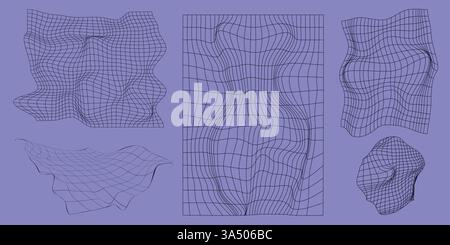 Vector design. Dynamic mesh patterns, wave-like distortions, and fluid deformations in deep blue on soft purple background, visualizing fluid motion Stock Vector
