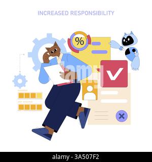 AI assistant enhances workplace productivity and responsibility. A character analyzes data while engaging with a chatbot, representing efficient task management and collaboration in modern work environments. Vector illustration. Stock Vector