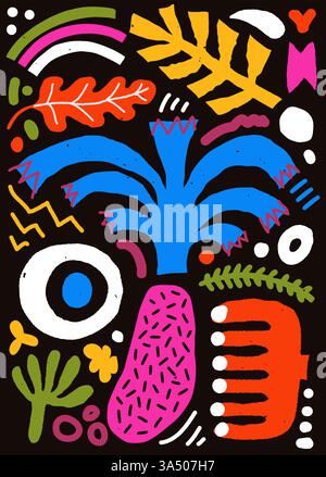 Abstract organic shape poster with naive geometric doodles. Stock Vector