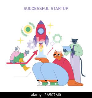 Successful startup concept illustration. A team of animated cats engaged in a venture, showcasing collaboration and innovation. The rocket symbolizes growth, while measures portray rising success indicators. Vector illustration. Stock Vector