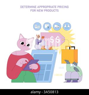 Marketing professionals strategize on pricing for new products, analyzing data and trends. Key elements include calculations and customer insights, ensuring effective pricing that drives sales. Vector illustration. Stock Vector