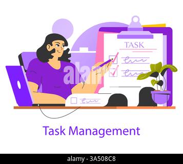 Work focus on task management illustrates a productive individual engaged in organizing tasks with tools on a desk. Emphasizes efficiency and the importance of planning in daily activities. Stock Vector