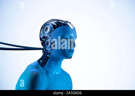 Composite image made of man's portrait and 3D model of robot cyborg head connected with cables against gradient background with blue tone. Stock Photo