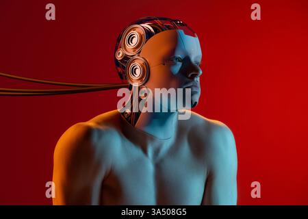 Handmade collage made of man's portrait and 3D model of robot cyborg head connected with cables against red background with cinematic lighting. Stock Photo