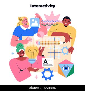 Workshops foster collaboration and creativity through interactive activities. Participants engage in brainstorming, problem-solving, and sharing ideas while exploring innovative concepts visually. Vector illustration. Stock Vector