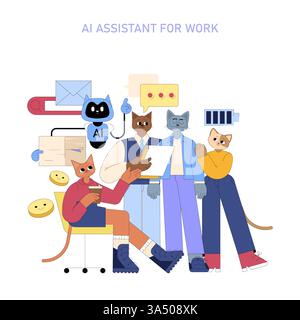 AI assistant for work illustration. Features a diverse group of anthropomorphic cats engaged in productivity tasks, showcasing collaboration in a modern workspace with AI tools. Vector illustration. Stock Vector