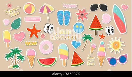 A collection of summer stickers with various seasonal elements. A colorful set of summer stickers on a beige background. Stock Vector