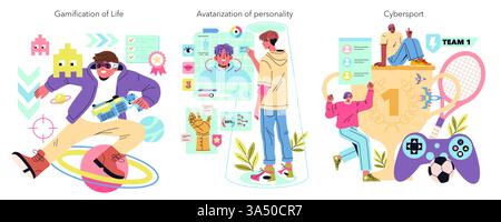 Beta Generation concept. This illustration captures the essence of modern youth culture through gamification, avatar development, and cybersport, showcasing their digital lifestyles and social interactions. Vector illustration. Stock Vector