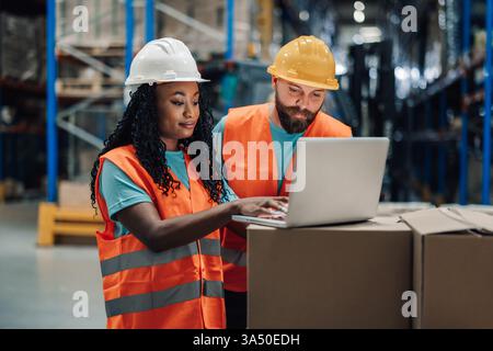 Black female worker wearing hard hat and safety vest using laptop standing beside caucasian colleague in warehouse Stock Photo