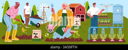 Self-Sufficient Garden illustration. This artwork displays individuals engaged in sustainable gardening practices, utilizing composting, innovative tools, and planting techniques to promote self-reliance and eco-friendliness. Vector illustration. Stock Vector