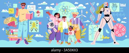 Beta Generation is depicted through diverse characters engaged in scientific exploration and technology. This illustration showcases children's curiosity, learning, and future possibilities in STEM fields. Vector illustration. Stock Vector