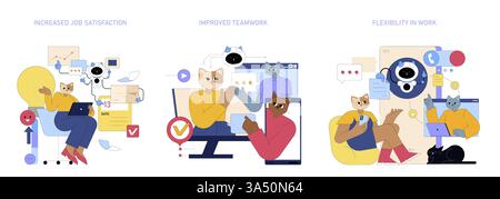 AI assistant transformation in the workplace enhances job satisfaction, teamwork, and flexibility. This illustration highlights these benefits through engaging characters and visual elements. Vector illustration. Stock Vector