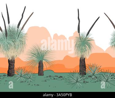 Xanthorrhoea tree and mountains landscape seamless pattern. The Grass tree, native Australian endemic flora. Vector background. Stock Vector