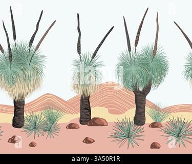 Xanthorrhoea tree and mountains landscape seamless pattern. The Grass tree, native Australian endemic flora. Vector background. Stock Vector
