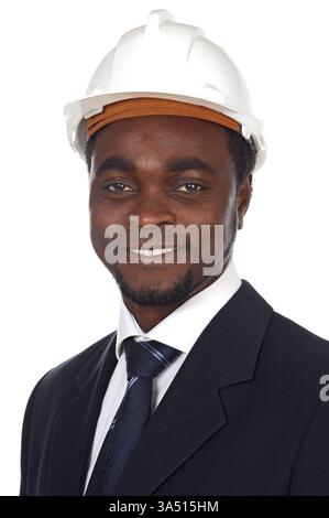 Portrait of a young African architect against a clean white background. A professional image suitable for architecture, design and construction themes, planning and project management content. Ideal for marketing materials about building careers and professional construction projects. Stock Photo