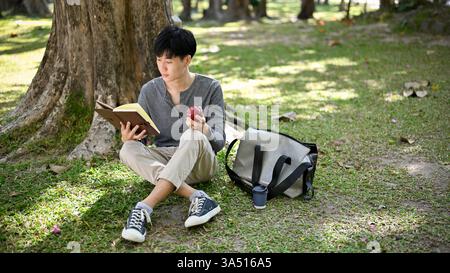University student lifestyle concept showing a focused young Asian male under a tree, eating an apple while reading a book. Casual outdoor study moment in a park setting, perfect for college life and education visuals. A fresh, relaxed vibe suitable for student, learning and summertime lifestyle campaigns. Stock Photo