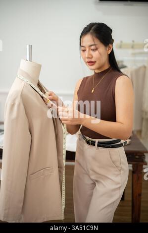 Confident Asian female tailor in a studio adjusts clothing patterns and takes measurements. She embodies professional dressmaking and garment design with hands on a measuring tape. Ideal for fashion design, tailoring, sewing and small business content. Stock Photo
