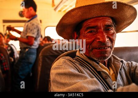 Passengers on a bus in a rural area, Guatemala. Stock Photo