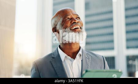 Business, tablet and black man in city, thinking or connection with social media, idea or choice. Mature person, real estate or property developer Stock Photo
