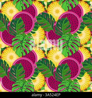 Tropical fruits and leaves exotic seamless pattern vector illustration Stock Vector