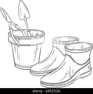 Rubber gardening boots beside a ceramic pot filled with essential garden tools. Vector hand-drawn sketch. Great for farm and gardening-related visuals Stock Vector