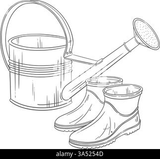 Aluminum watering can and rubber gardening boots. A simple vector graphic illustration. Perfect sketch for farming, garden care, outdoor themes Stock Vector