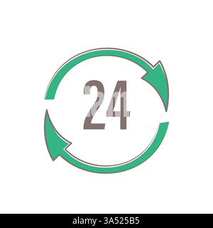24-hour service icon with green rotating arrows on white background Stock Vector