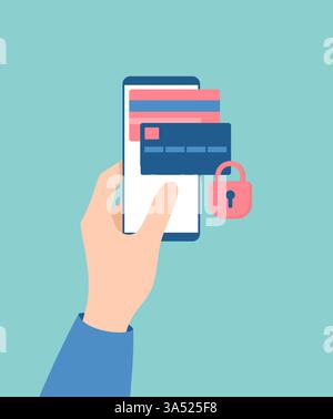 Hand holding smartphone with locked bank cards on screen, flat vector illustration Stock Vector