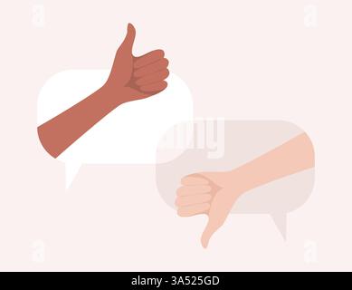 Hands of people of different nationalities and skin tones in speech bubbles showing thumbs up and thumbs down gestures. Flat vector illustration Stock Vector