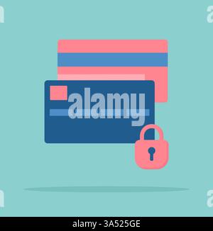 Bank credit cards with a padlock icon on them. Flat vector illustration Stock Vector
