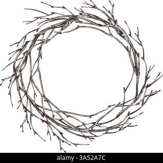 Wreath round woven from tree branches with thin twigs, no leaves. For decorating spring, summer, autumn, harvest. Graphic line art hand drawn with Stock Vector