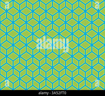 Green geometrical cubes vector art seamless pattern on blue background Stock Vector