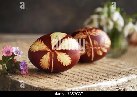Homemade Easter eggs dyed with onion peels with a pattern of fresh leaves Stock Photo