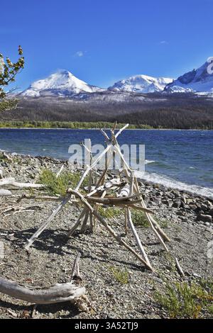Ritual American Indian construction from white wooden bough on coast of ...