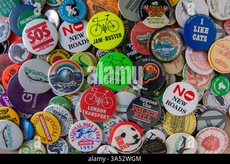A large collection of mixed, colourful pin badges Stock Photo