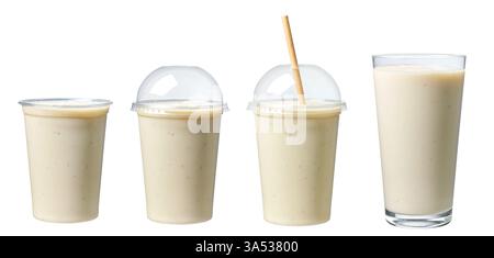 set of white banana, coconut and pineapple smoothie pina colada in various glasses isolated on white background Stock Photo