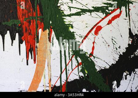 The colourful strokes and splashes of paint on a white wall Stock Photo