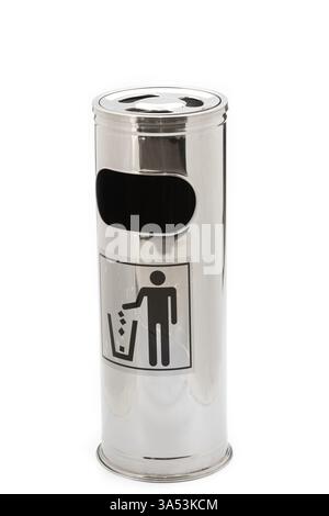 Sleek, Modern Stainless Steel Trash Can with Lid Designed for Waste Disposal, Featuring Black Signage Indicating Proper Use for Public Cleanliness in Stock Photo