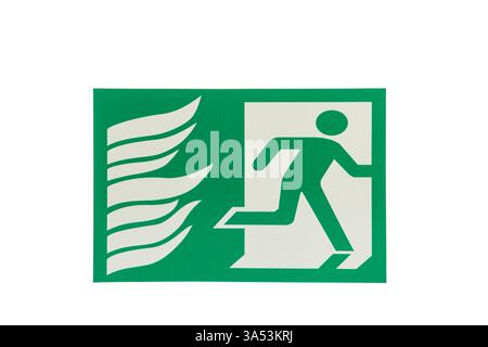 Emergency Exit Sign Indicating Safe Evacuation Route with Flame Icons for Fire Hazard Awareness Displayed on a Green Background Stock Photo