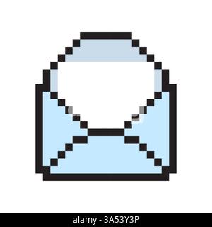 Pixel envelope icon. Open mail graphic. Vector postal shape. Simple blue concept. Stock Vector