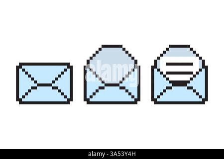 Pixel envelope icons. Retro mail shapes. Vector communication set. Simple blue style. Stock Vector