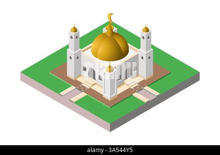 Isometric vector illustration of a mosque with a golden dome, white tower. Perfect for Islamic themes, religious designs, and architecture Stock Vector